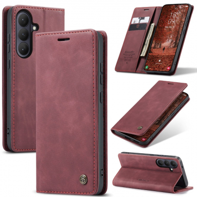 Husa pentru Samsung Galaxy S26 – CaseMe, tip carte, piele, functie portofel, stand, finisaj catifelat, Rosu - Crimson Glory