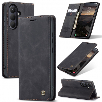 Husa pentru Samsung Galaxy S26 – CaseMe, tip carte, piele, functie portofel, stand, finisaj catifelat, Negru - Midnight Ash