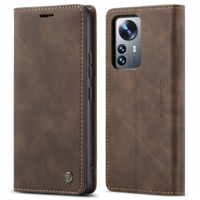 Husa slim piele, tip portofel, stand, inchidere magnetica, textura catifelata, Xiaomi 12 Pro - CaseMe, Maro coffee