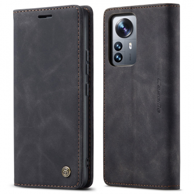 Husa slim piele, tip portofel, stand, inchidere magnetica, textura catifelata, Xiaomi 12 Pro - CaseMe, Negru