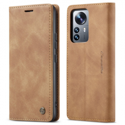 Husa slim piele, tip portofel, stand, inchidere magnetica, textura catifelata, Xiaomi 12 Pro - CaseMe, Maro