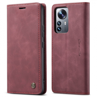 Husa slim piele, tip portofel, stand, inchidere magnetica, textura catifelata, Xiaomi 12 Pro - CaseMe, Visiniu