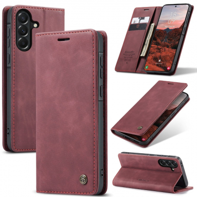 Husa pentru Samsung Galaxy A37 – CaseMe, tip carte, piele, functie portofel, stand, finisaj catifelat, Rosu - Crimson Glory