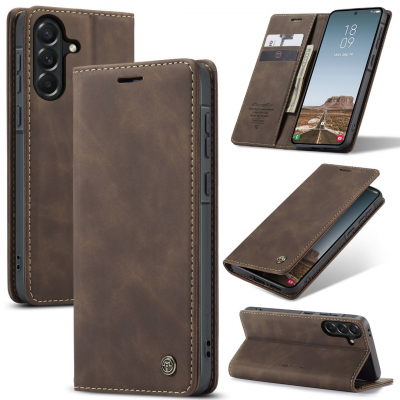 Husa pentru Samsung Galaxy A37 – CaseMe, tip carte, piele, functie portofel, stand, finisaj catifelat, Maro - Vintage coffee