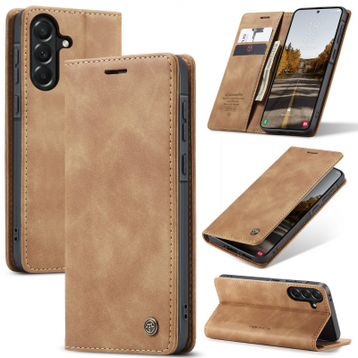 Husa pentru Samsung Galaxy A37 – CaseMe, tip carte, piele, functie portofel, stand, finisaj catifelat, Maro - Camel Sand