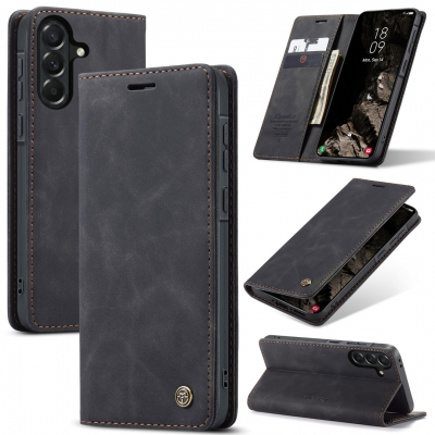 Husa pentru Samsung Galaxy A37 – CaseMe, tip carte, piele, functie portofel, stand, finisaj catifelat, Negru - Midnight Ash