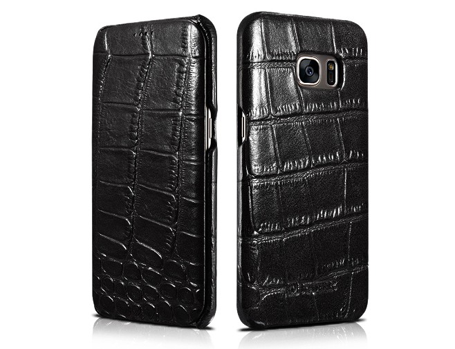 Husa din piele naturala cu aspect piele crocodil Samsung S7 Edge - iCarer Crocodile, Negru
