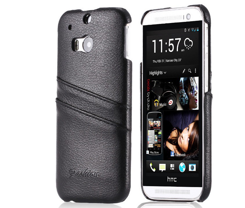Husa slim din piele naturala, tip back cover, cu buzunarase, HTC One M8 / M8s - CaseMe, Negru