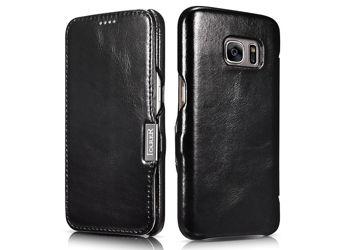 Husa din piele naturala, tip carte, Samsung Galaxy S7 - iCARER Vintage, Negru