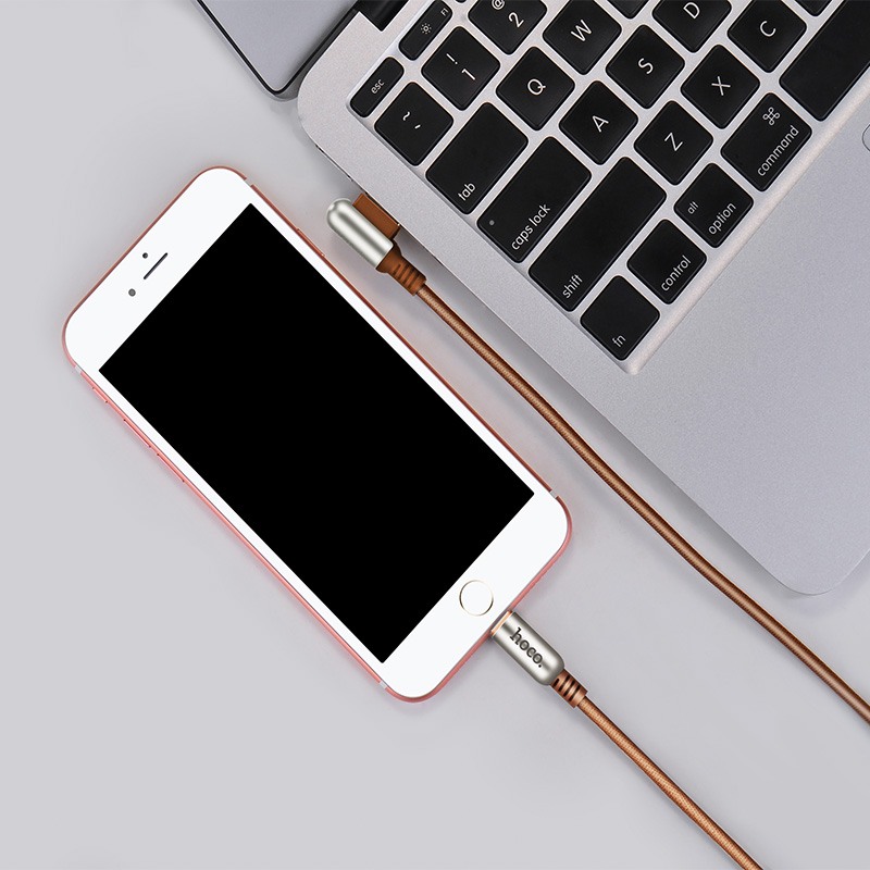 Cablu incarcare textil impletit , capete aliaj zinc, USB + Lightning - Hoco, Maro coffee