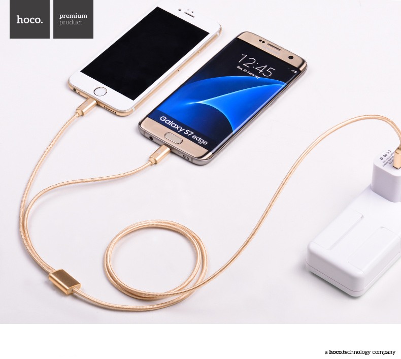 Cablu incarcare textil multifunctional 2 in 1, USB + Lightning + MicroUSB - Hoco, Gold