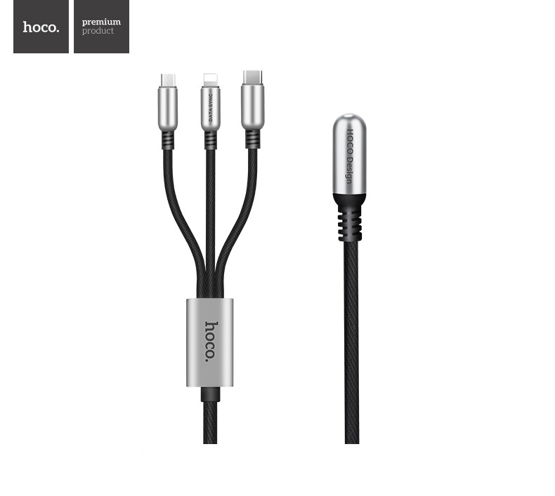 Cablu incarcare, textil impletit , capete aliaj zinc, multifunctional 3 in 1, mufa Lightning + Micro USB + Type-C - Hoco, Negru