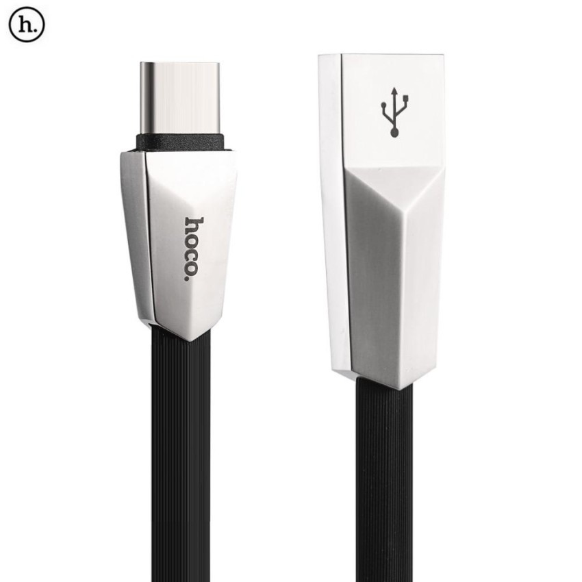 Cablu incarcare mufe din aliaj de zinc, cablu plat, rezistenta sporita, USB + Type C - Hoco, Negru