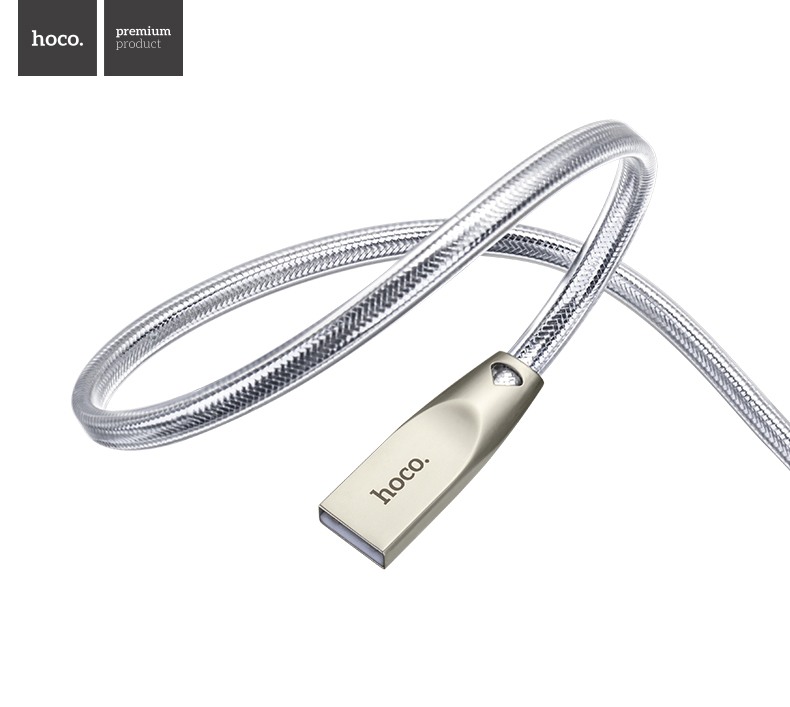 Cablu incarcare USB + Micro USB, capete din aliaj de zinc si cablu cu protectie din TPU - Hoco, Silver