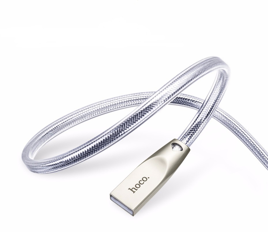 Cablu incarcare USB + Type C, capete din aliaj de zinc si cablu cu protectie din TPU, 2 metri - Hoco, Silver