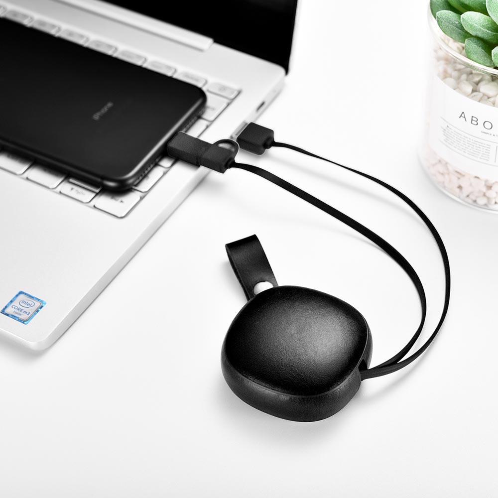 Cablu de incarcare retractabil 2 in 1, piele naturala, USB + Lightning / Micro USB - iCarer Vintage, Negru