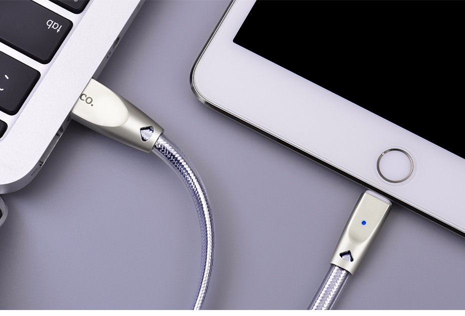 Cablu USB + Lightning, capete din aliaj de zinc si cablu cu protectie din TPU - Hoco, Argintiu