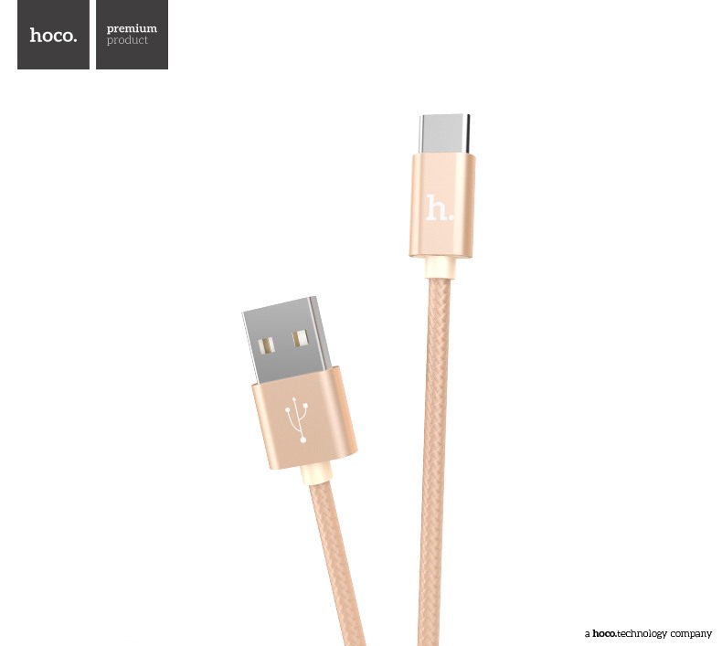 Cablu incarcare USB + Type C, fir textil impletit, - Hoco, Gold