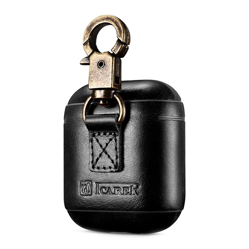 Carcasa / husa protectoare din piele naturala cu carabina pentru AirPods 1 / AirPods 2 - iCarer Vintage, Negru