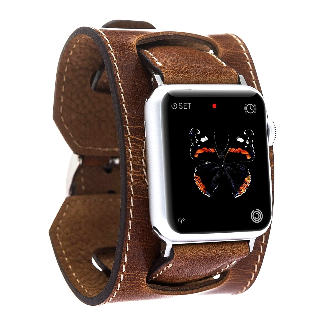 Curea 2 in 1 din piele naturala premium, adaptori negri, curea tip manseta, Apple Watch Ultra (49mm), 8, 7 (45mm), 6, 5, 4 (44mm), 3, 2, 1 (42mm) - Bouletta, Tan