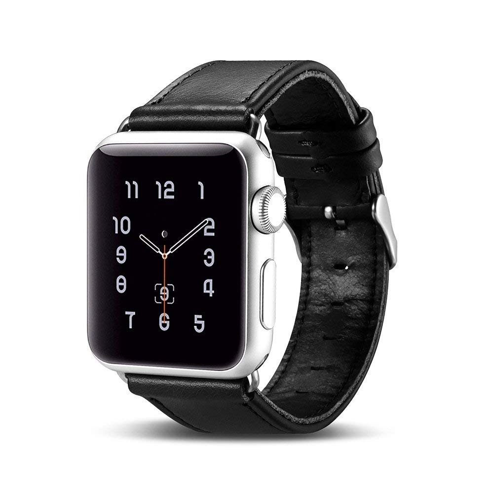 Curea din piele naturala Apple Watch Ultra (49mm), 8, 7 (45mm), 6, 5, 4 (44mm), 3, 2, 1 (42mm) - iCarer, Negru