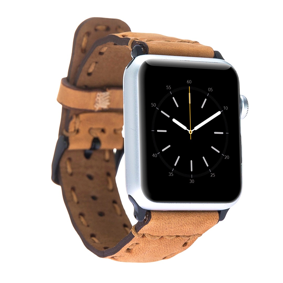 Curea din piele naturala premium, cusatura groasa, adaptori negri, Apple Watch Ultra (49mm), 8, 7 (45mm), 6, 5, 4 (44mm), 3, 2, 1 (42mm), Antique golden brown