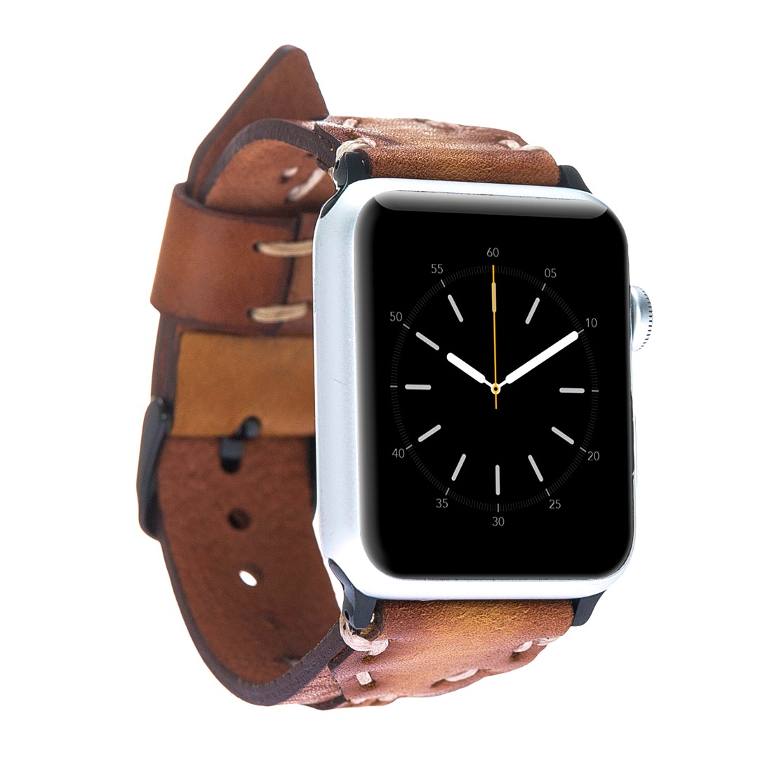 Curea piele naturala premium, cu cusaturi, adaptori negri, Apple Watch Ultra (49mm), 8, 7 (45mm), 6, 5, 4 (44mm), 3, 2, 1 (42mm) - Bouletta Cowboy, Maro coniac
