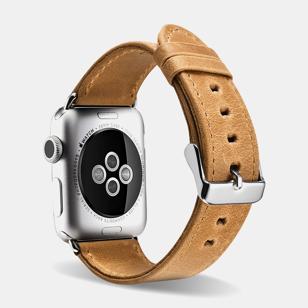 Curea din piele naturala Apple Watch Ultra (49mm), 8, 7 (45mm), 6, 5, 4 (44mm), 3, 2, 1 (42mm), iCarer Retro Leather, Sandy brown