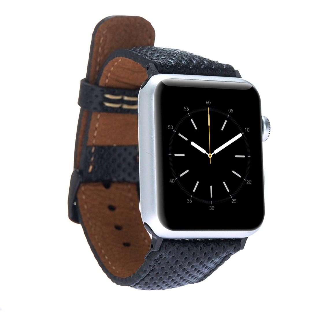 Curea piele naturala premium, cu perforatii, adaptori negri, Apple Watch Ultra (49mm), 8, 7 (45mm), 6, 5, 4 (44mm), 3, 2, 1 (42mm) Bouletta, Negru