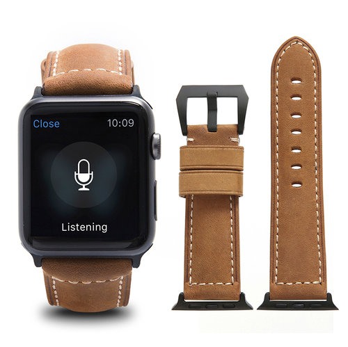 Curea piele naturala, adaptori negri, Apple Watch 8, 7 (41mm), SE, 6, 5, 4 (40mm), 1, 2, 3 (38mm), ROPS Art Luxury by Qialino, Maro