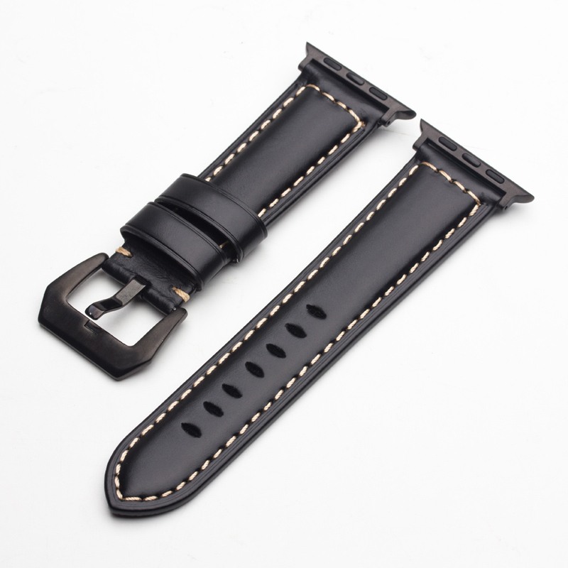 Curea piele naturala fina, adaptori negri, cusatura contrast, Apple Watch Ultra (49mm), 8, 7 (45mm), 6, 5, 4 (44mm), 3, 2, 1 (42mm), ROPS by Qialino, Negru