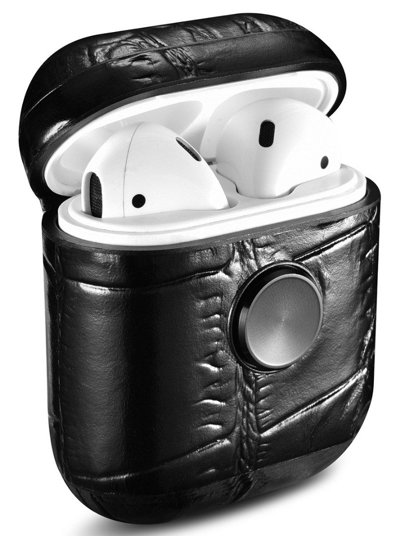 Carcasa / husa protectoare din piele naturala tip crocodil, functie antistres, pentru AirPods 1 / AirPods 2 - iCarer, Negru