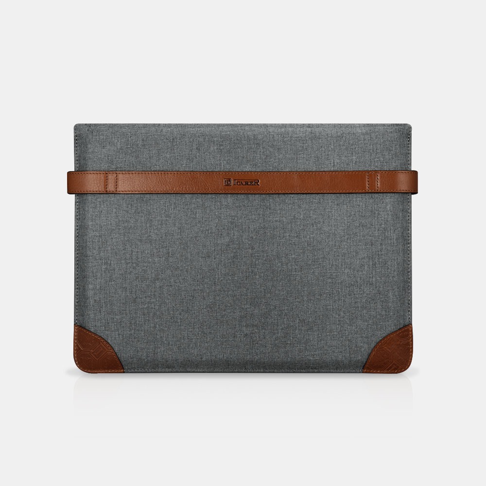 Husa / Geanta slim din piele naturala + textil waterproof, inchidere sigura cu capse, iPad Pro 12.9 - iCarer, Gri