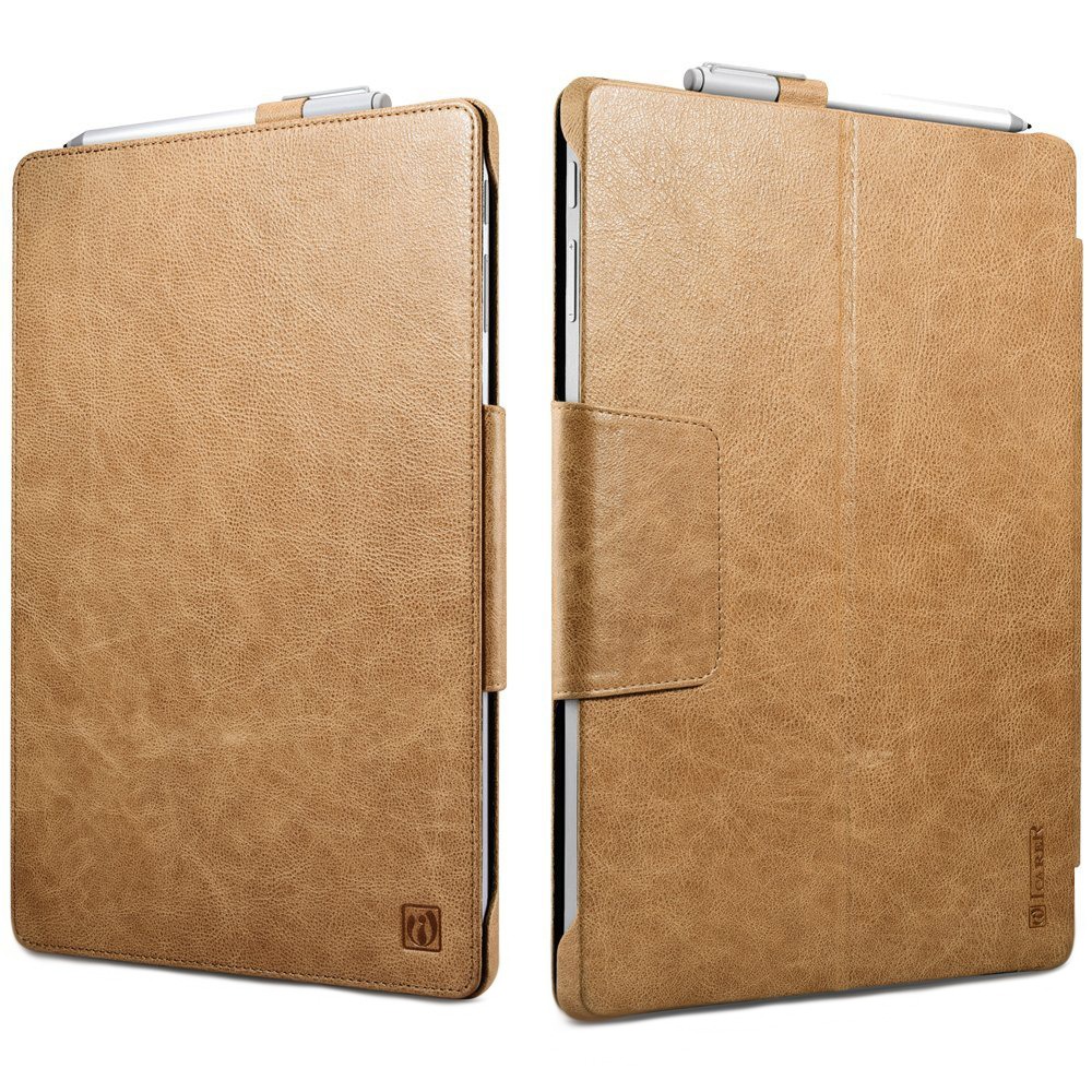 Husa piele naturala, cu suport Surface Pen, Microsoft Surface Pro 7 / 6 / 5 / 4 - iCarer Luxury, Maro camel