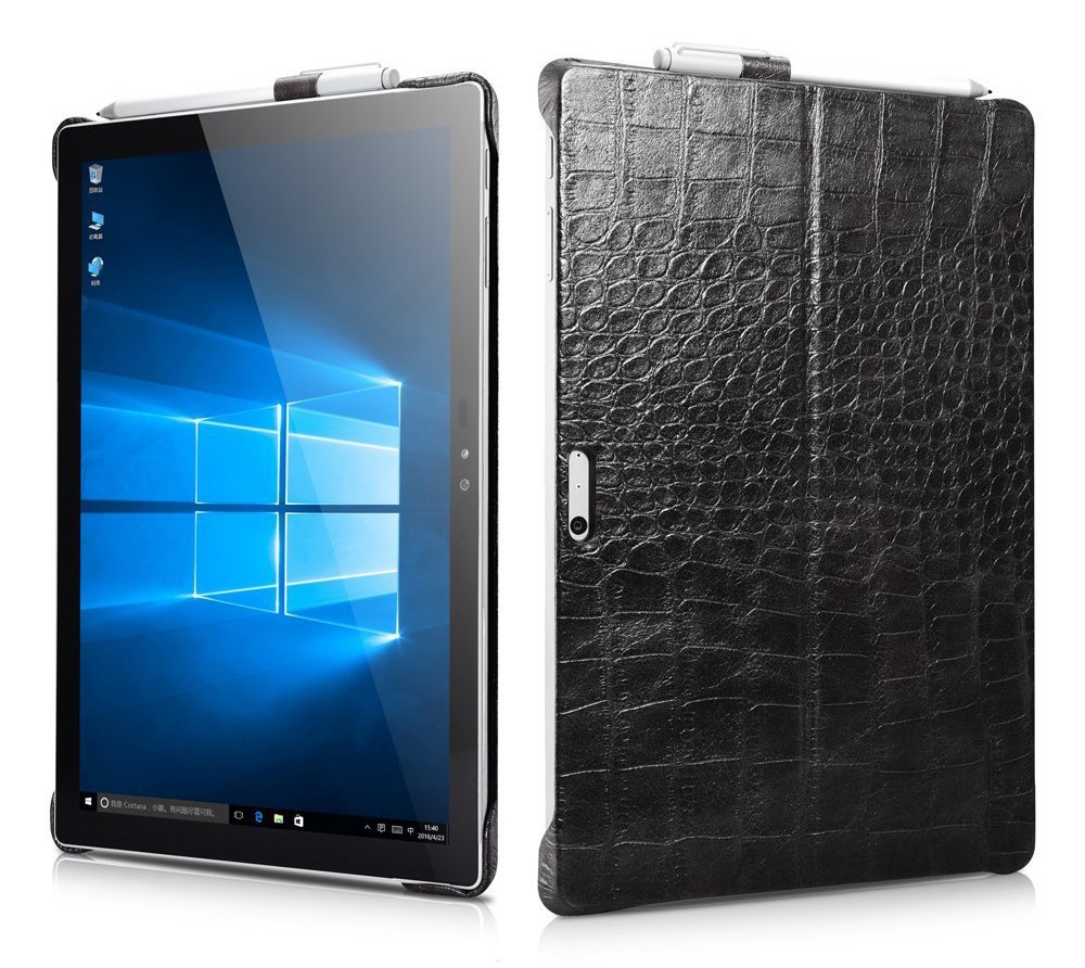 Husa piele naturala, tip back cover, suport Surface pen, Surface Pro 7 / 6 / 5 / 4 - iCarer Crocodile, Negru