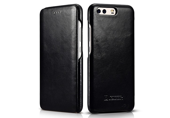 Husa din piele naturala, tip carte cu clapeta curbata, Huawei P10 - iCARER Vintage, Negru