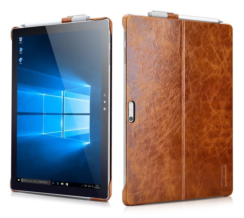 Husa piele naturala, tip back cover, suport Surface Pen, Surface Pro 7 / 6 / 5 / 4 - iCarer Oil Wax, Maro