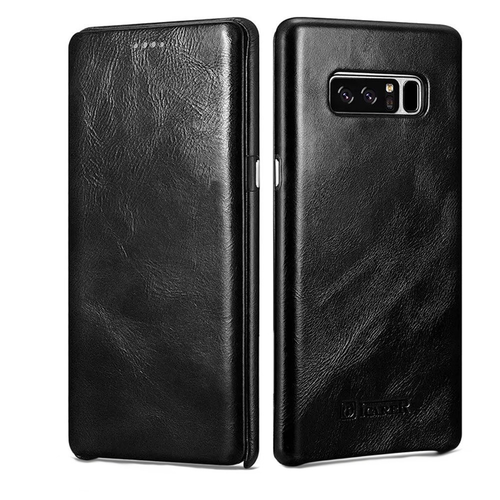 Husa piele naturala, tip carte cu clapeta curbata, Samsung Galaxy Note 8 - iCARER Vintage, Negru