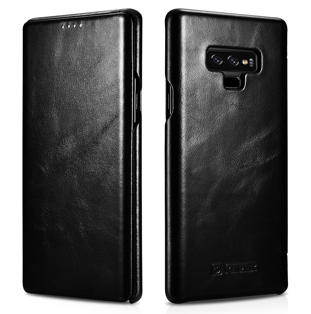 Husa din piele naturala, tip carte cu clapeta curbata, Samsung Galaxy Note 9 - iCARER Vintage, Negru