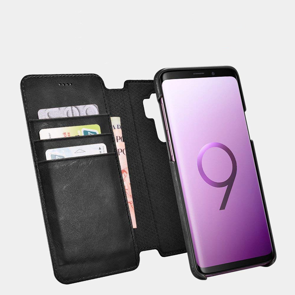 Husa piele naturala 2in1, inchidere magnetica, tip carte + back cover, Samsung Galaxy S9 Plus - iCarer Distinguished, Negru