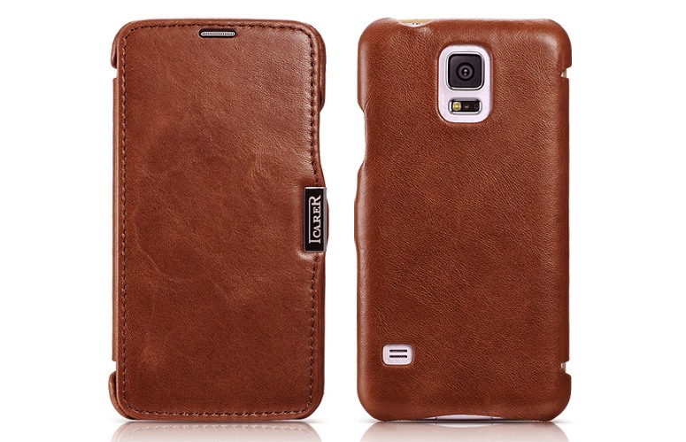 Husa din piele naturala, tip carte, Samsung Galaxy S5 / S5 Neo - iCARER Vintage, Maro coniac