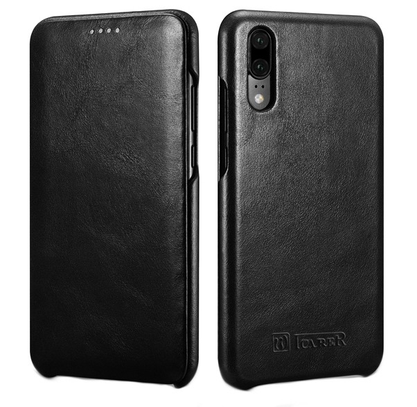 Husa din piele naturala, tip carte cu clapeta curbata, Huawei P20 - iCARER Vintage, Negru