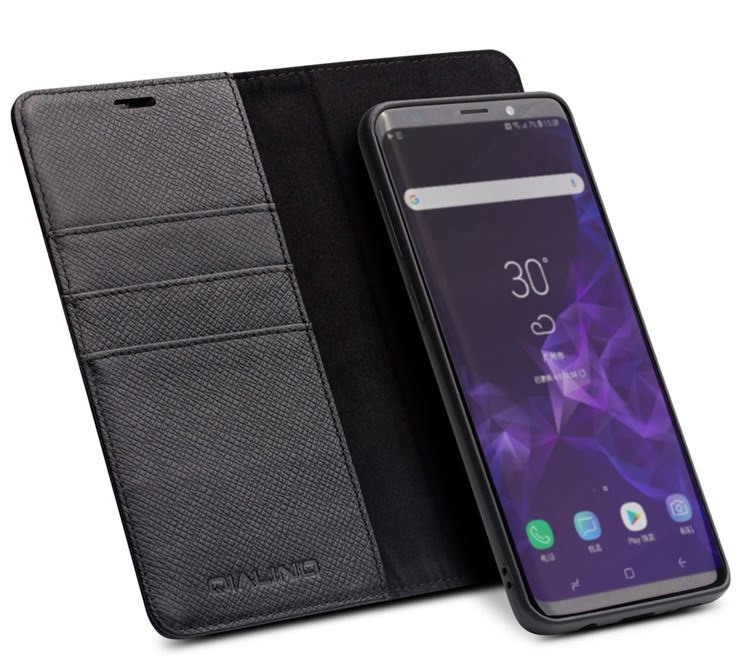 Husa multifunctionala 2 in 1 piele naturala, tip carte + back cover, stand, Samsung Galaxy S9 Plus - Qialino, Negru