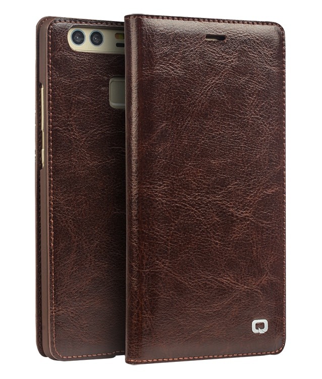 Husa din piele fina naturala, tip carte, cu buzunar card, Huawei Ascend P9 - Qialino Classic Wallet, Maro coffee