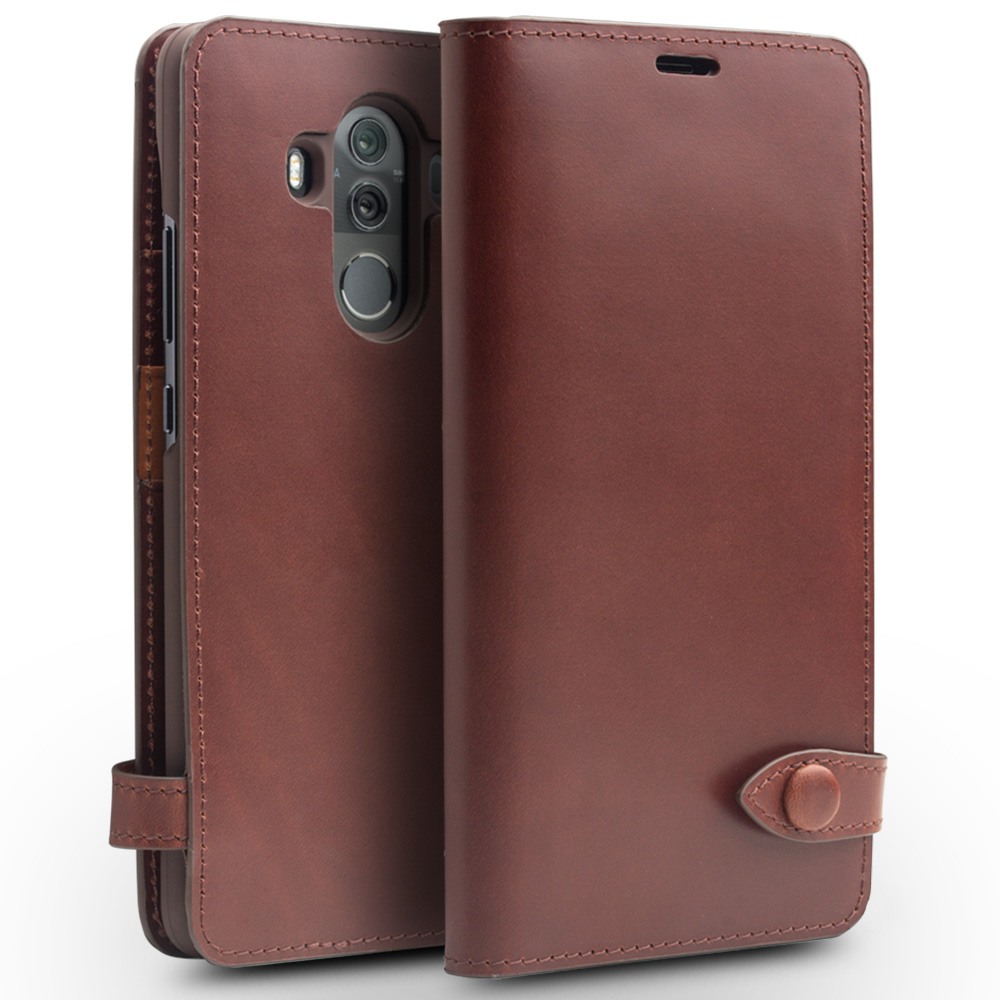 Husa piele naturala, inchidere sigura cu capsa, cu buzunare bani si carduri, Huawei Mate 10 Pro - Qialino, Maro coffee