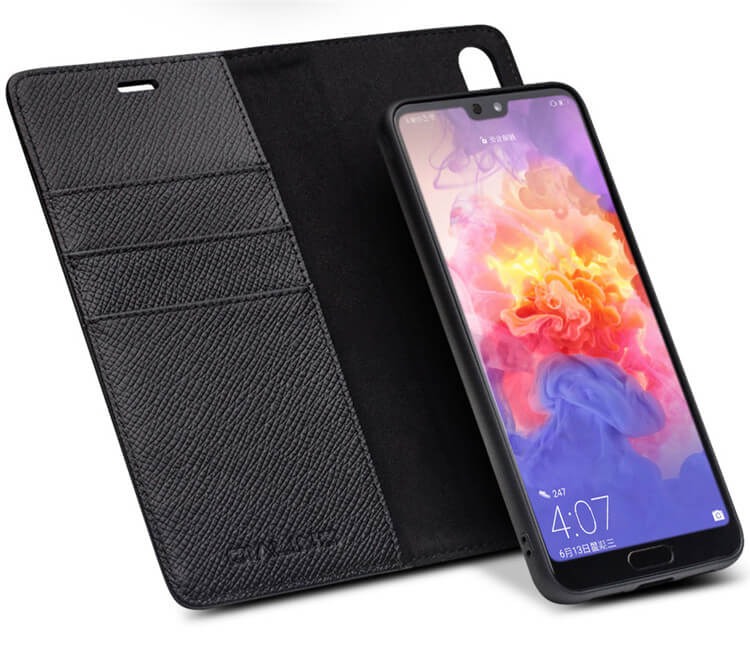 Husa multifunctionala 2 in 1 piele naturala, tip carte + back cover, stand, Huawei P20 Pro - Qialino, Negru