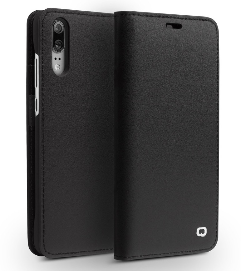 Husa din piele naturala mata tip carte, cu buzunare carduri, Huawei P20 - Qialino Business Classic, Negru