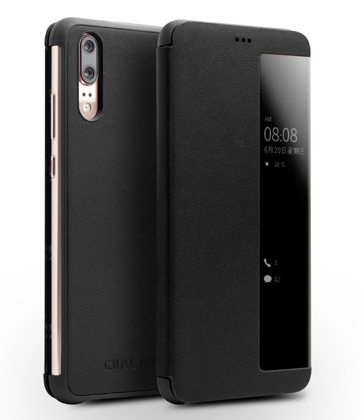 Husa slim din piele naturala, smart cover, Huawei P20 - Qialino Smart Luxury, Negru