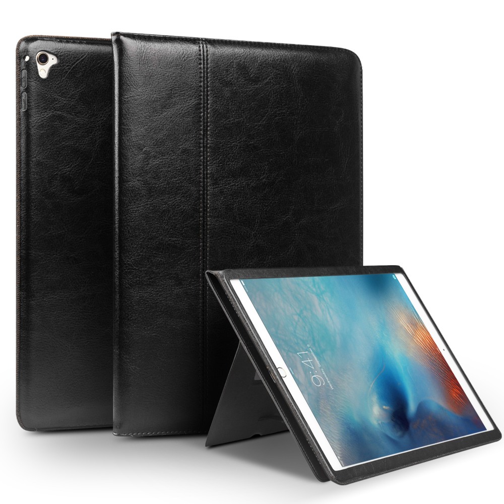 Husa piele naturala cu rama completa, stand + suport mana, smart cover, iPad 9.7 (iPad 6 / iPad 5) / iPad Air 2 - Qialino Classic, Negru