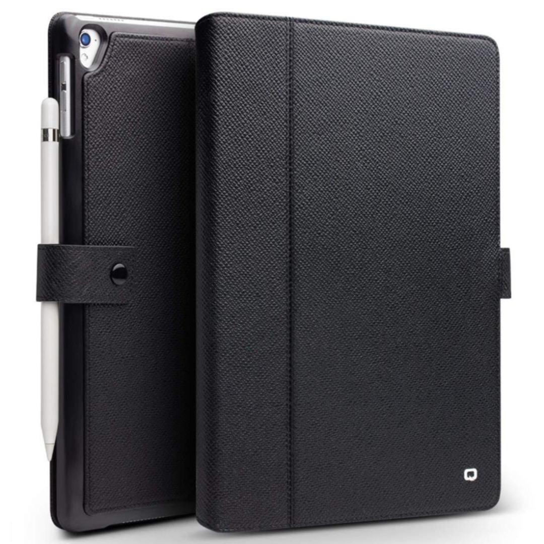 Husa piele naturala, smart cover, inchidere sigura cu capsa, suport pencil, iPad Pro 9.7 / iPad 6 / iPad 5 / iPad Air / Air 2 - Qialino, Negru